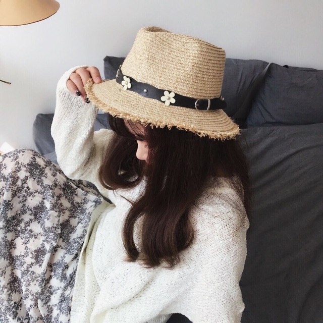 Mũ cói hoa năm cánh Nón che nắng xinh phong cách hàn quốc