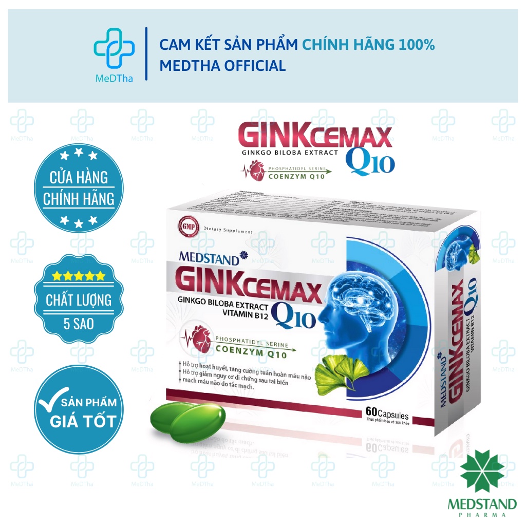 Bổ não Ginkcemax Q10 - Hỗ trợ hoạt huyết dưỡng não, giảm đau đầu MEDSTAND (60 viên) [Chính hãng]