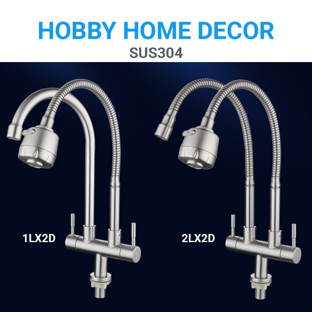 Vòi rửa chén 2 đầu lạnh lò xo có vòi tăng áp 2 chế độ phun HOBBY Home Decor LX2D chuẩn Inox 304 - 2 kiểu dáng