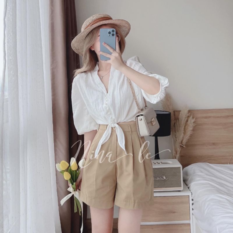 SET ÁO SƠ MI TRẮNG BUỘC EO MIX SOOC KAKI