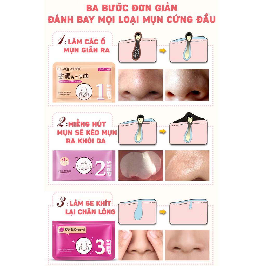 Bộ lột mụn mũi 3 bước Bioaqua - Đẩy mụn - Lột mụn - Se nhỏ lỗ chân lông | BigBuy360 - bigbuy360.vn