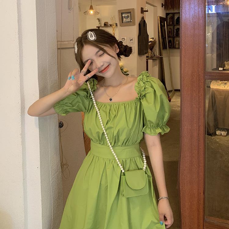 Đầm Chữ A Tay Ngắn Phồng Cổ Vuông Dáng Ôm Thời Trang Cho Nữ