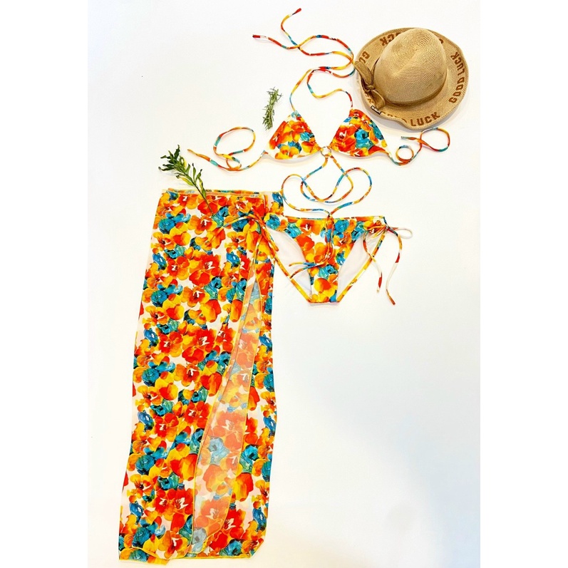 Bikini bộ bơi đồ bơi đi biển nữ tam giác hoạ tiết hoa cam kèm khăn voan siêu sang EVA SHOP S3MTGHC