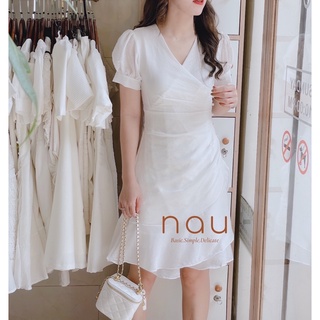 Đầm đính ngọc một bên cổ đắp đuôi bèo trắng/đen/xanh/hồng nude/đỏ