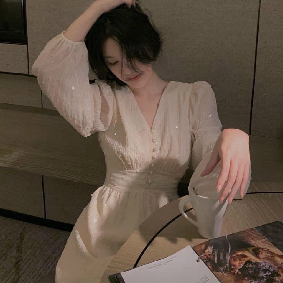 Váy đầm dự tiệc tơ kim sa phối ngọc 2 lớp