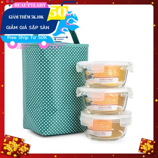Bộ 03 Hộp Thủy Tinh Lock & Lock 400ML Túi Giữ Nhiệt