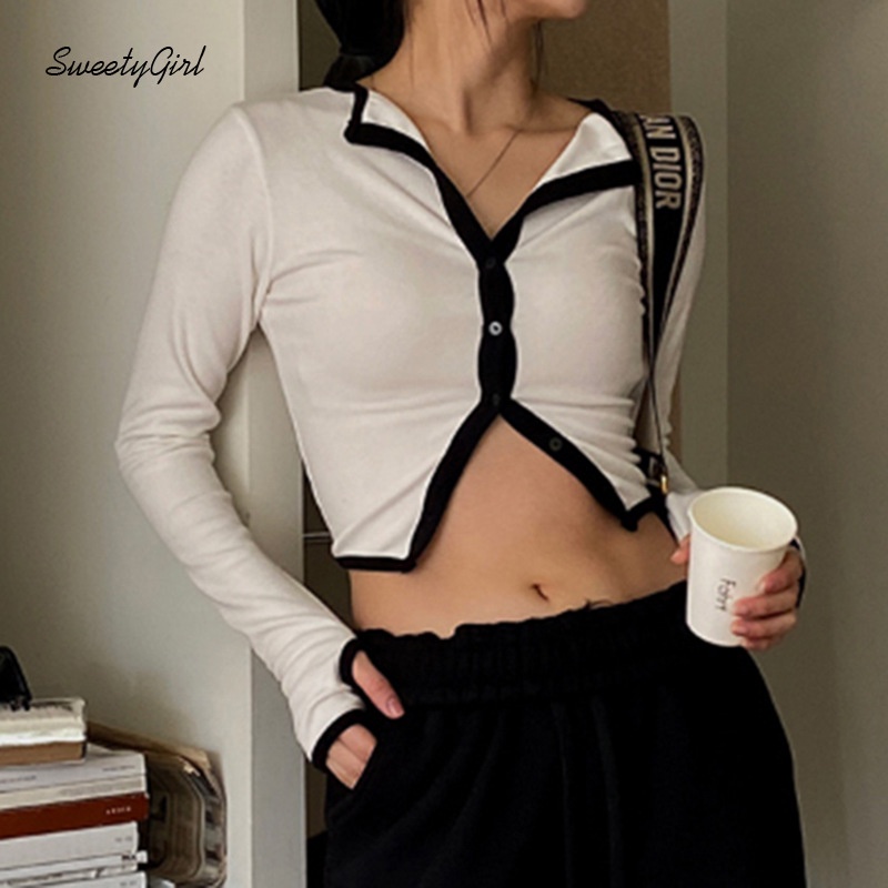 Áo Thun Tay Dài Cổ Chữ V Ôm Eo Phối Màu Tương Phản Thời Trang 2022 Cho Nữ