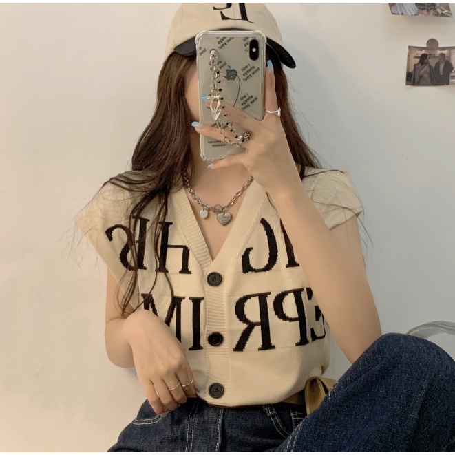 Porozi  Áo Crop Top dệt kim không tay cổ chữ V dáng rộng in chữ phong cách Hàn Quốc