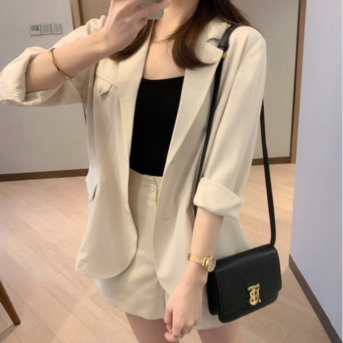 [free gift] Set áo khoác blazer và quần short ống rộng phong cách Hàn Quốc thanh lịch cho nữ