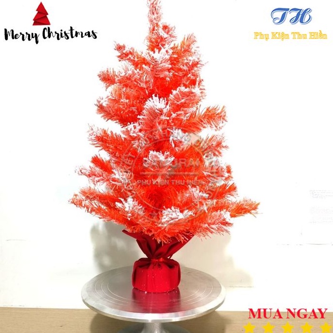 Cây Thông Noel Để Bàn Mini 60cm Màu Hồng Cam Phủ Tuyểt Đế Bọc Vải Đỏ Trang Trí Giáng Sinh