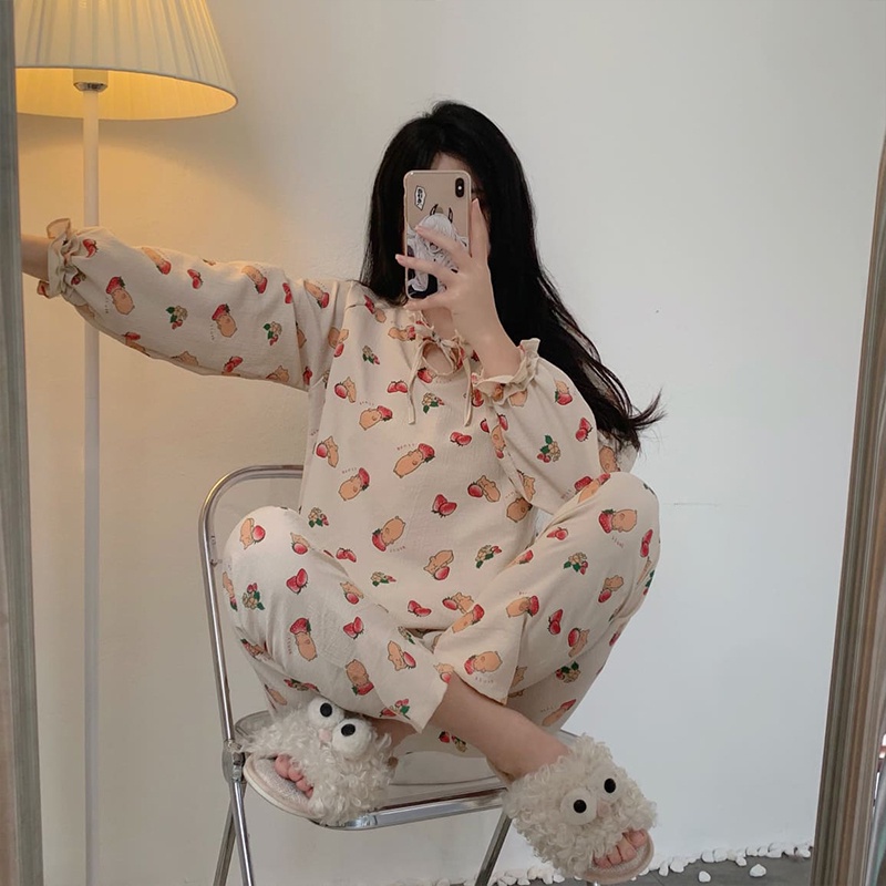 [Ảnh thật/ Sẵn hàng] Bộ Pijama Dài Tay Chất Đũi Xốp Cổ Nơ Dễ Thương, Set Bộ Ngủ Pijama Nữ | BigBuy360 - bigbuy360.vn
