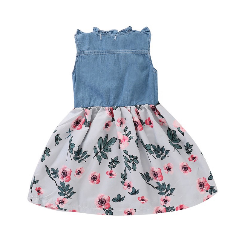 Đầm Denim Sát Nách Hoạ Tiết Hoa Cho Bé