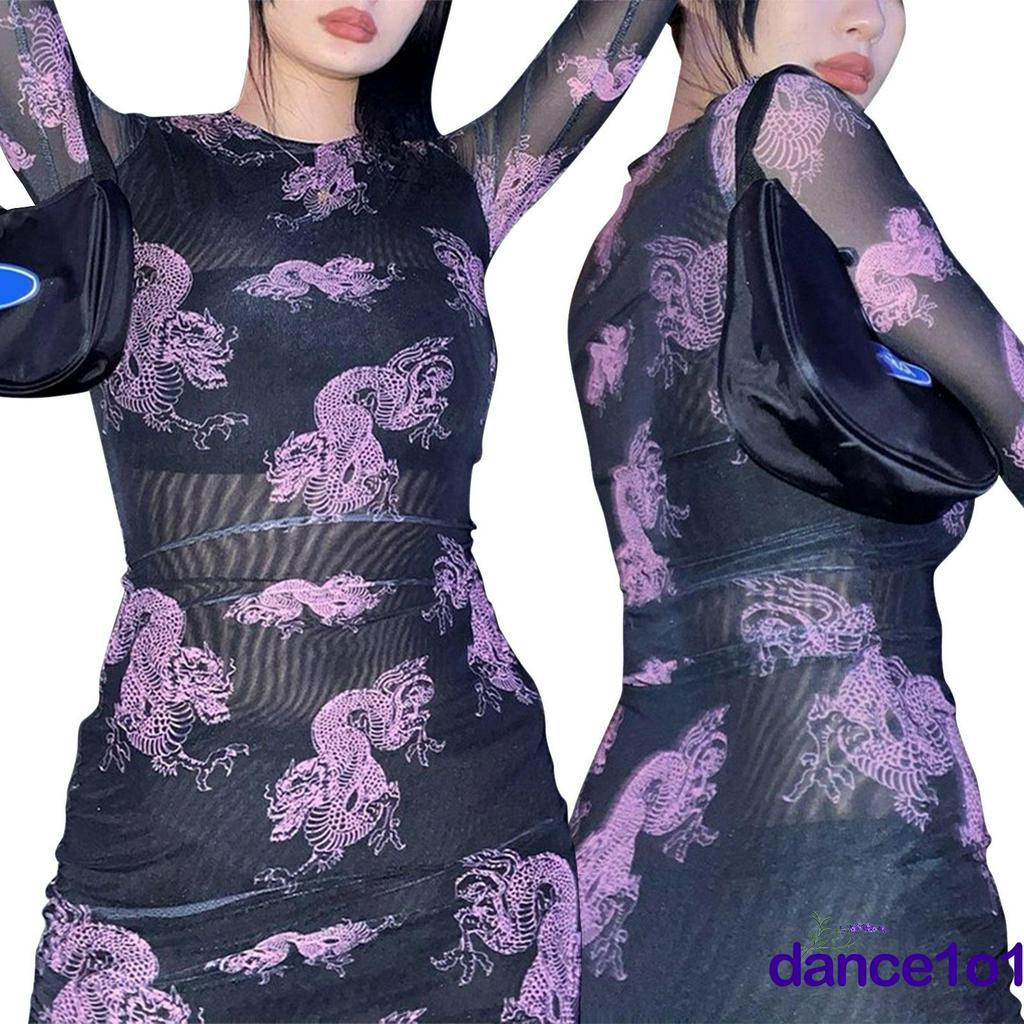 Đầm Body Tay Dài Lưng Cao Hoạ Tiết Rồng Cho Nữ