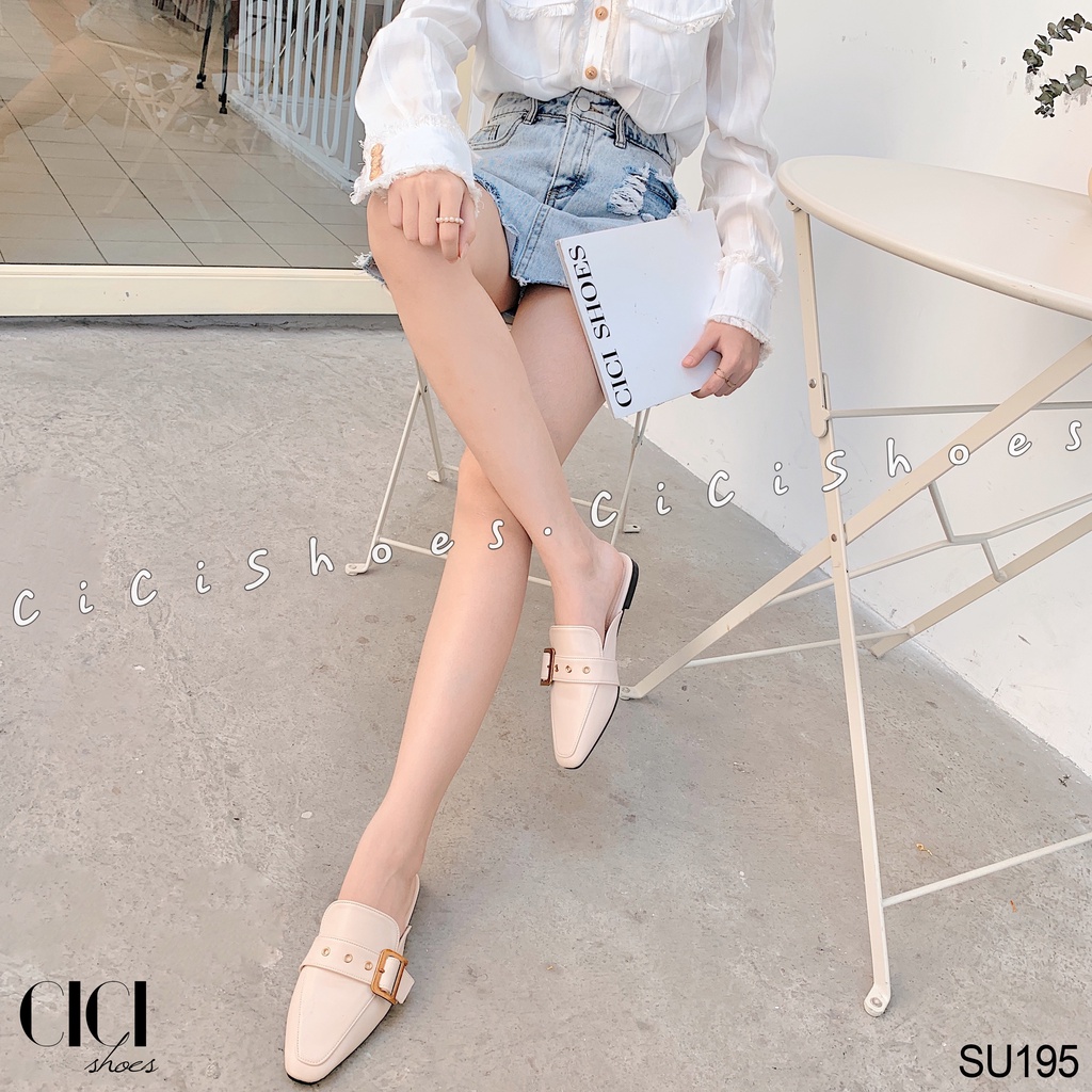 Giày sục nữ CiCi Shoes, dép sục da mũi thon đai lỗ ngang khoá D đồng - SU195