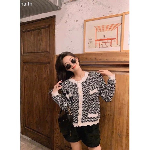 Áo Khoác Len Cadigan phối khuy ngọc, gấu lượn sóng siêu iêu