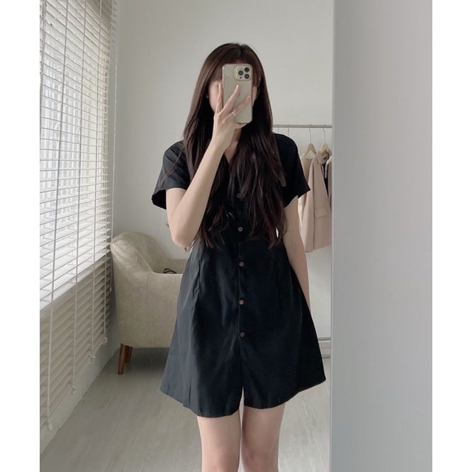 V729 Váy sơ mi AUDREY cài cúc chiết eo lưng chun ngắn tay nhiều màu dáng basic Hàn Quốc