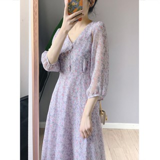 Váy nữ đẹp🍒FREESHIP🍒Váy hoa nhí dáng dài tay lỡ tím pastel xinh