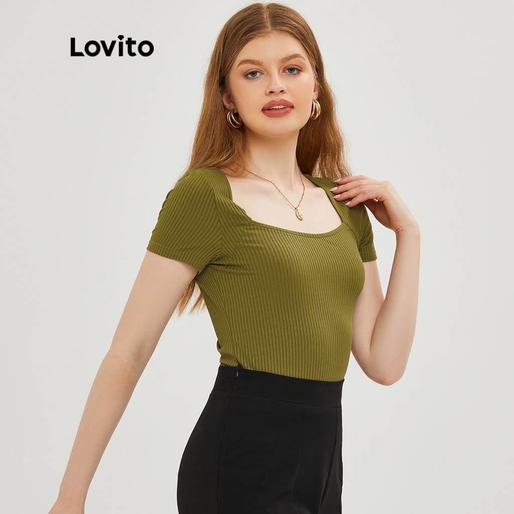 Lovito Áo Thun Đan Len Cổ Vuông Màu Xanh Lá Vintage L20D243
