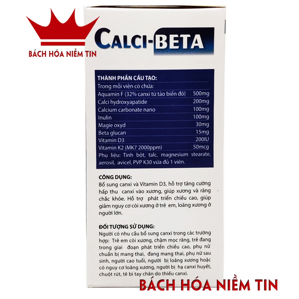 Viên Uống Bổ Sung Canxi, Calci Beta Vitamin D3, Vitamin K2 Phát triển hệ xương, chắc khỏe xương, giảm loãng xương