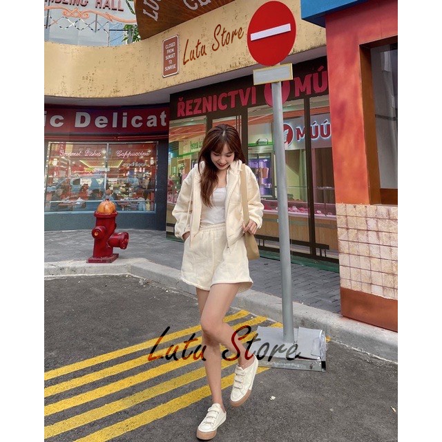 Set hoodie nỉ kéo khóa có mũ mix quần short nữ phong cách thể thao khỏe khoắn