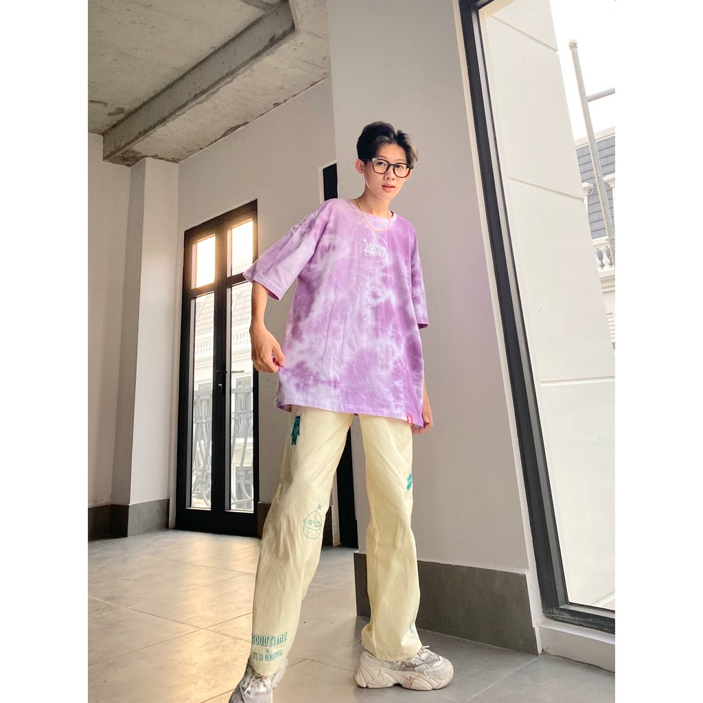 Áo Thun Nam Nữ From Rộng Tay Lỡ - Ủn Ủn Meo Meo® Chất Liệu Vải Thun Cotton 100% - Wash Tiedye Tím In Nhung Trắng