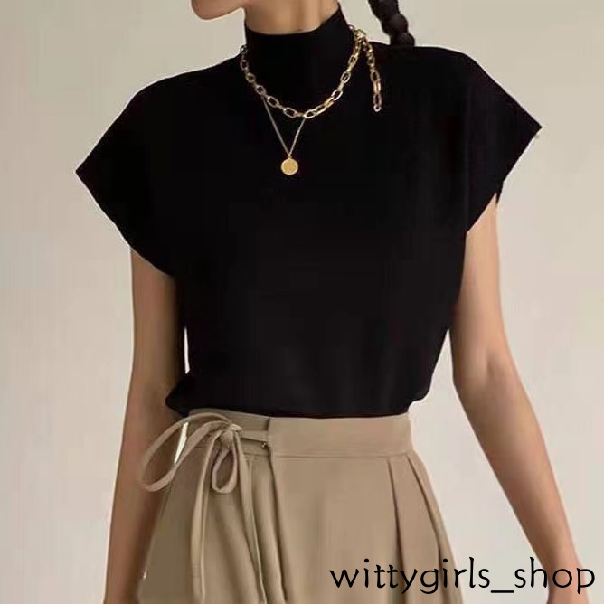Áo Thun Dệt Kim Cổ Lọ Tay Ngắn Thời Trang Mùa Hè Cho Nữ