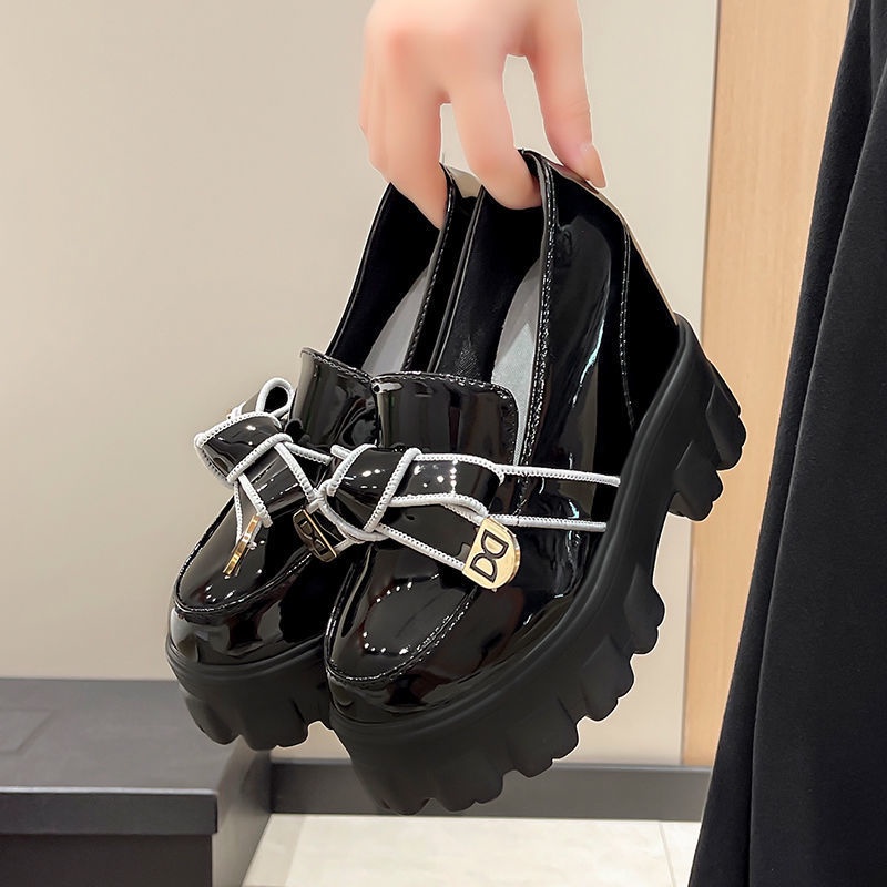 🎀 Giày Lười Da Đế Dày Mũi Tròn Thắt Nơ Phong Cách Anh Quốc 2023 Cho Nữ