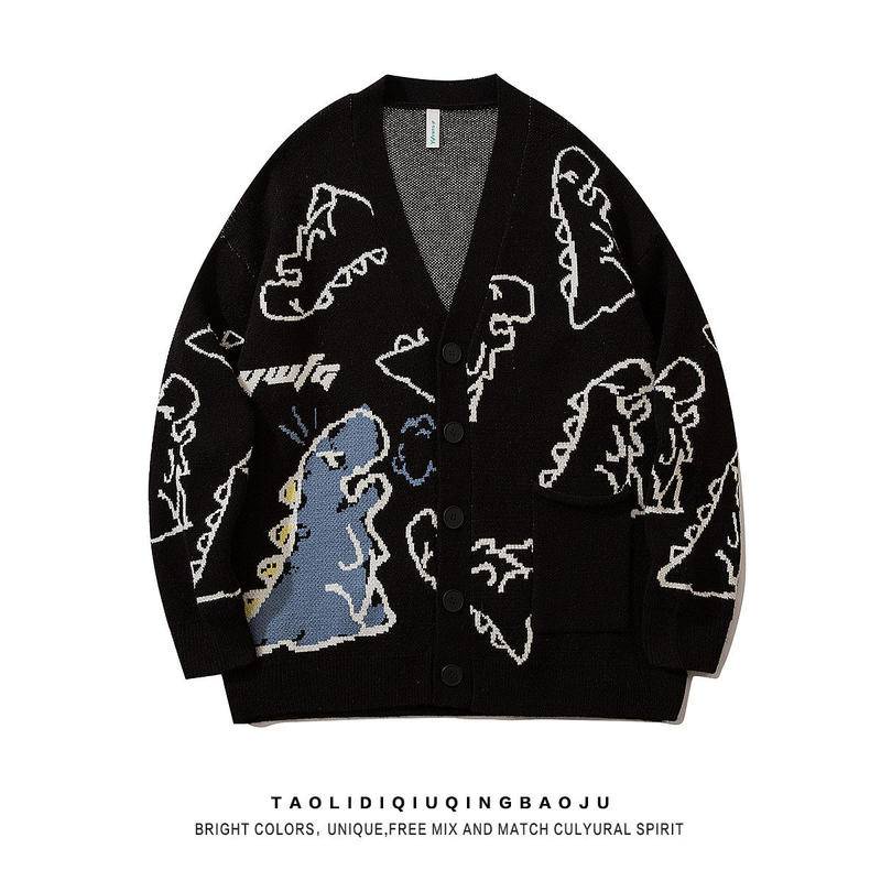 【🧧Hàng giao ngay🧧】Áo khoác cardigan dệt kim dáng rộng cổ chữ V họa tiết hoạt hình graffiti phong cách Harajuku Nhật Bản sành điệu cho nam