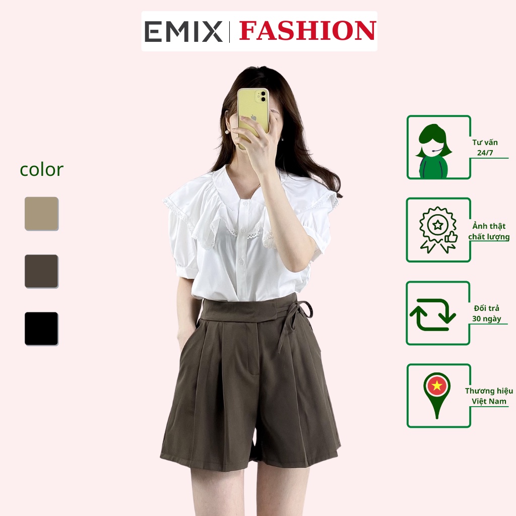 Quần đùi buộc dây lưng chun EMIX (3 màu), short, sooc, cúc khóa, buộc dây, form suông, chất ruby mã 701