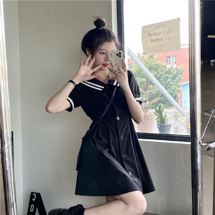 Đầm Dáng Chữ A Tay Ngắn Phồng Cổ Thủy Thủ Ôm Eo Dễ Thương