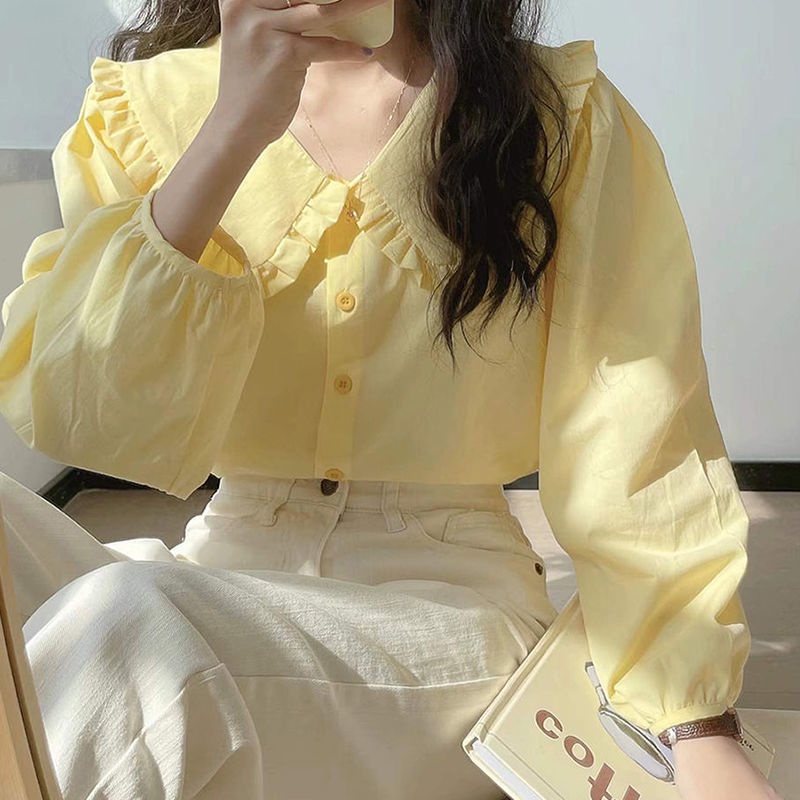 Áo Sơ Mi Tay Dài Cổ Búp Bê Phối Hàng Nút Phong Cách Vintage