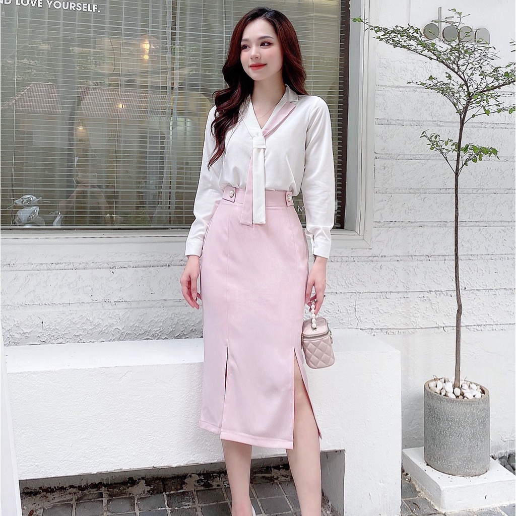 Áo sơ mi nữ cổ vest vạt dài pha màu trơn công sở HILA (Mã SP: A939)