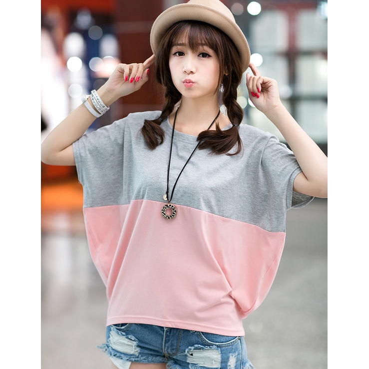 Áo thun nữ phối màu tay lỡ xinh xắn A17