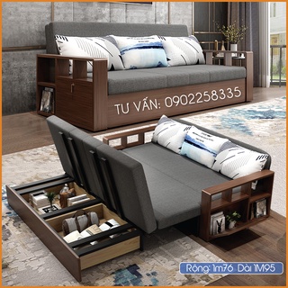 Giường gấp gọn cao cấp, Sofa giường khung thép tay gỗ tự nhiên