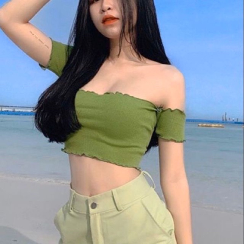 Áo croptop trễ vai ôm body tay ngắn phối bèo thun tam nhỏ sexy - AAG99