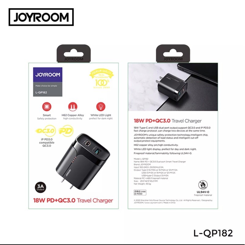 Củ Sạc Nhanh Joyroom 18W PD QC3.0 Adapter Joyroom 1A1C Sạc Nhanh 18W iPhone/iPad/Android  L-QP182
