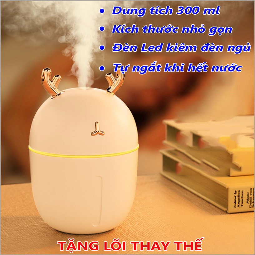 Máy Phun Sương Tạo Ẩm, Dung Tích 300ml, Tích Hợp Cổng USB Gắn Đèn, Gắn Quạt Tán Sương, Có Đèn Led