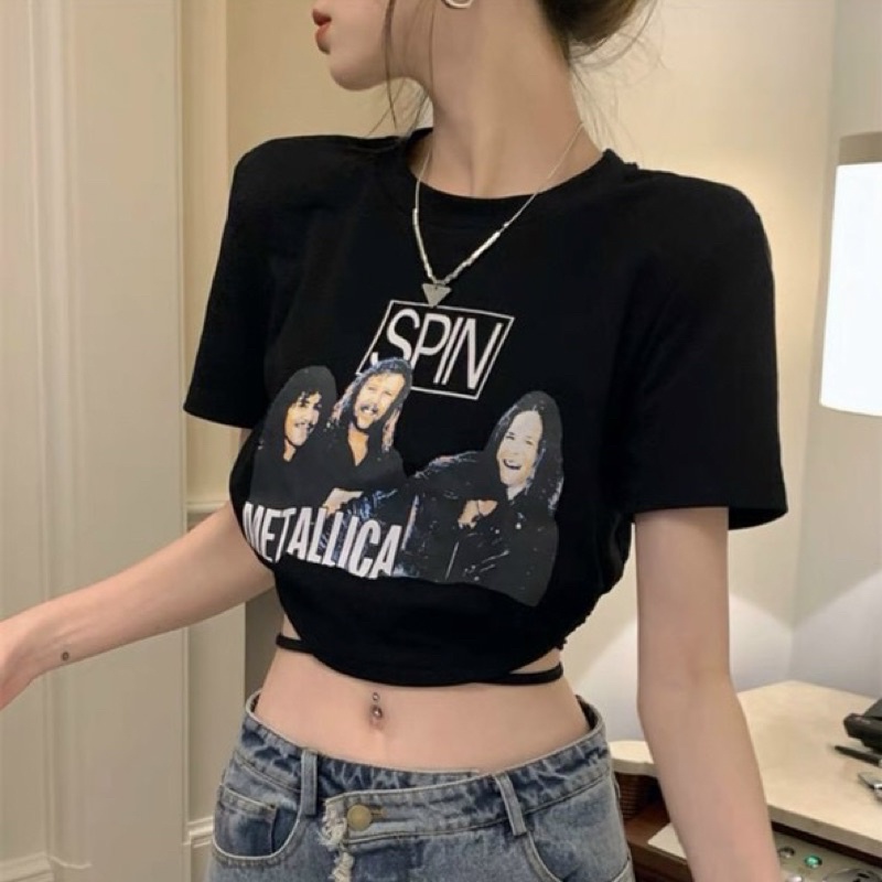 Áo kiểu croptop SPIN CỘT EO GB tay ngắn cổ tròn hình in sexy đơn giản năng động cá tính nữ phong cách hàn quốc alohashop