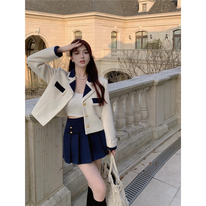 Set áo vest lửng chân váy xếp ly nữ S63 ENINA