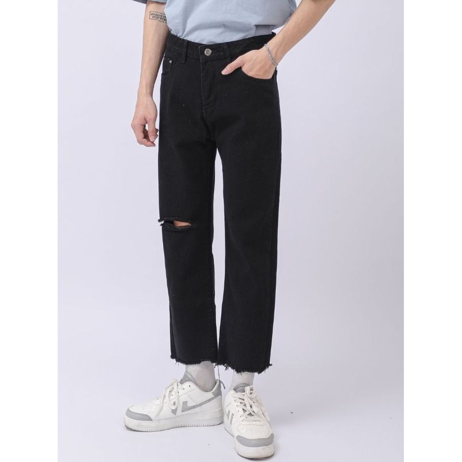 Quần Jean Nam Rách Gối MANDO Vải Bò Cao Cấp 2 Màu Xanh Đen Form Suông Rộng Basic Unisex Thời Trang Hàn Quốc QJN056 | BigBuy360 - bigbuy360.vn