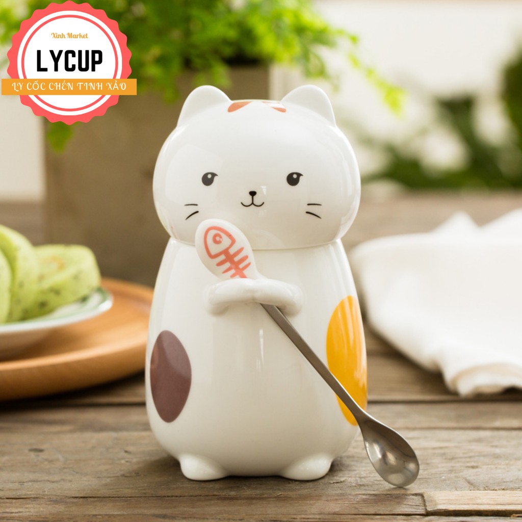 Cốc sứ cao cấp,cốc uống trà quai liền thìa có nắp đậy Gốm sứ cao cấp 400ml | BigBuy360 - bigbuy360.vn