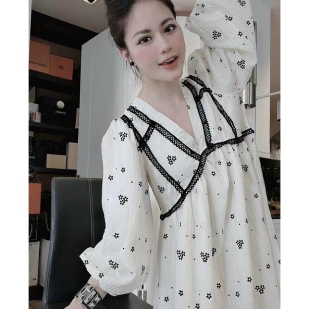 Đầm bầu Hoa Nhí Phối Viền Ren Dáng Babydoll tay dài