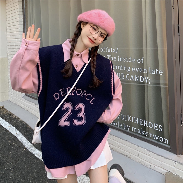 Set áo sơ mi tay dài cổ chữ v số 23 + áo len không tay dáng rộng cho nữ có bán lẻ