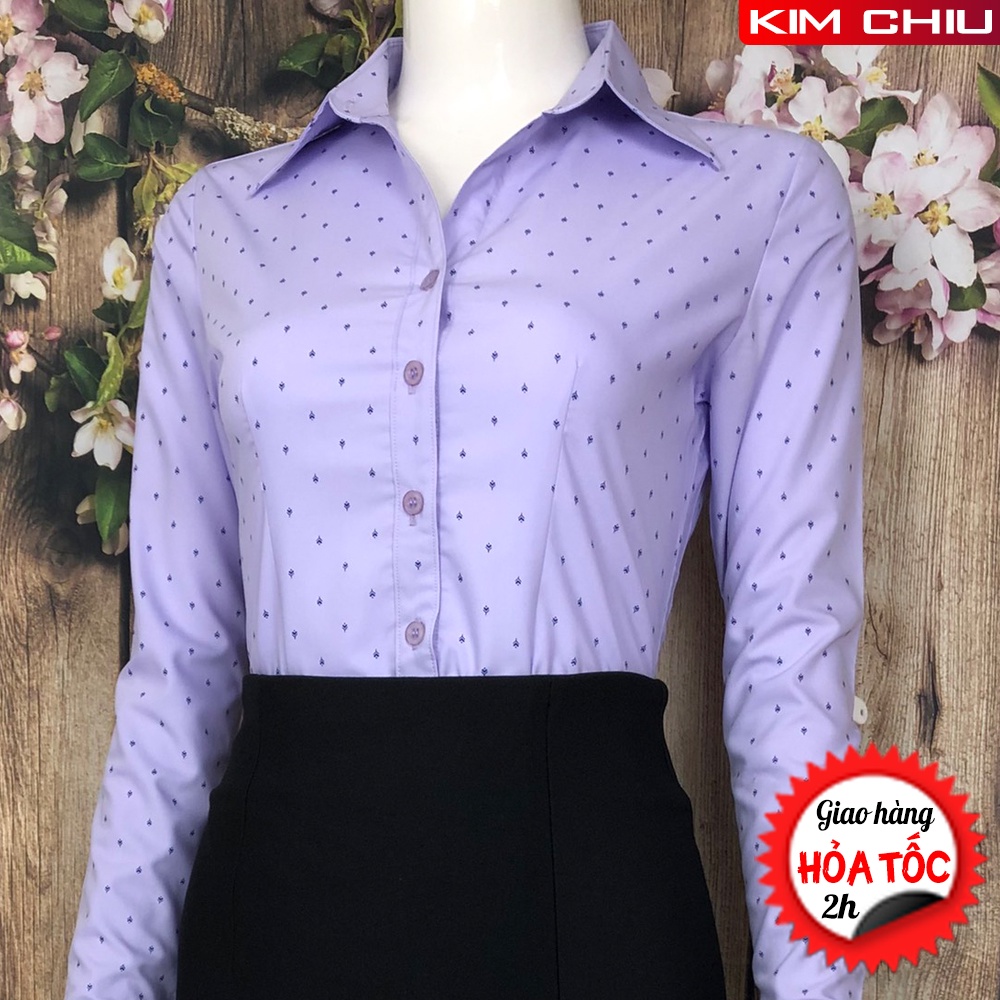 Áo Sơ Mi Nữ Công Sở Họa Tiết Cây Thông Nhí Màu Tím, Form Mai An Tay Dài Vải Kate Ý Đẹp Ít Nhăn Giãn Nhẹ. SMTD01
