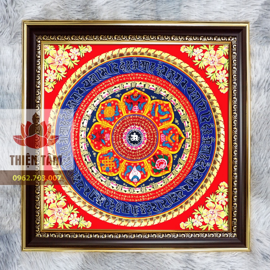 Tranh Chú Lăng Nghiêm Mandala 36x36cm bằng vải phủ bóng, khung composite xịn xò