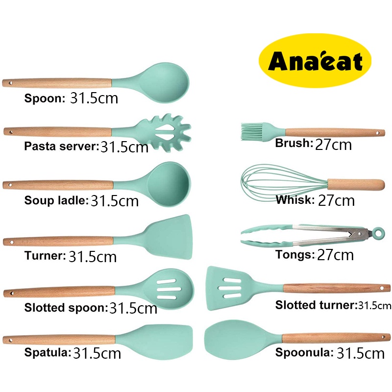 Set 12 dụng cụ nấu ăn ANAEAT silicone chống dính tay cầm bằng gỗ sử dụng trong nhà bếp