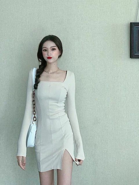 Váy đầm ôm body cổ vuông tay dài xẻ đùi chất len gân sexy cá tính thu đông 2020