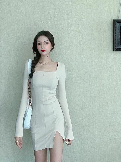 [ HOT 2021 ] (Ảnh thật) Váy đầm ôm body cổ vuông tay dài xẻ đùi chất len gân sexy cá tính thu đông 2020 ORDER QUẢNG CHÂU