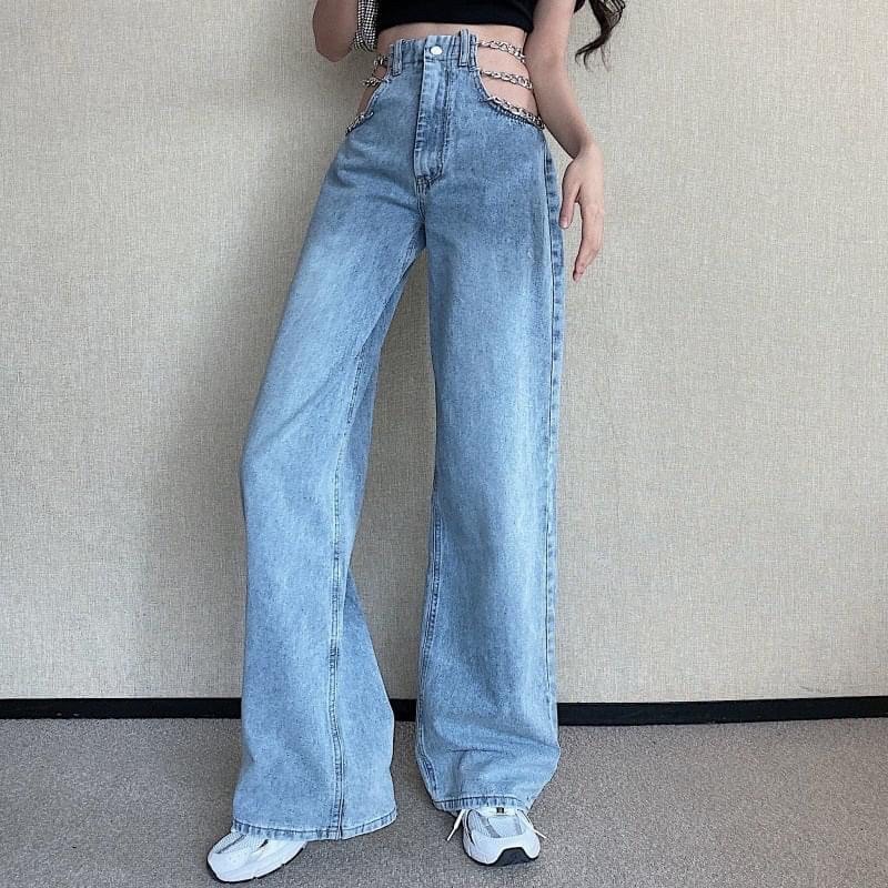 Quần jean ống rộng sexy xẻ eo phối xích cao cấp chất jean cực đẹp