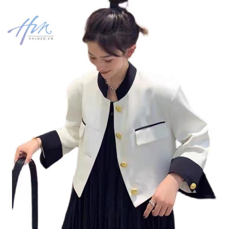 Hàng Mới Về Áo Khoác Cardigan Ngắn Cổ Đứng Cài Một Hàng Khuy Màu Tương Phản Thời Trang Mùa Xuân 2022 Cho Bạn Gái